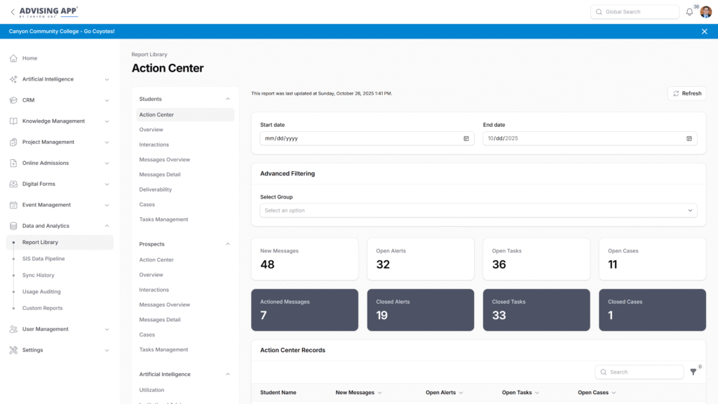 Analytics Screenshot in Advising App