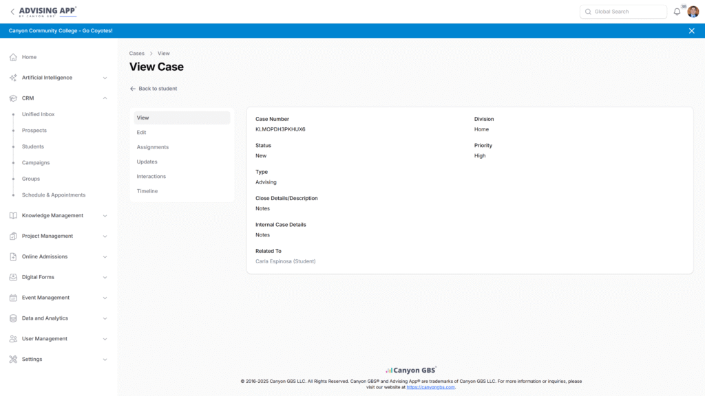 Case Management Screenshot in Advising App