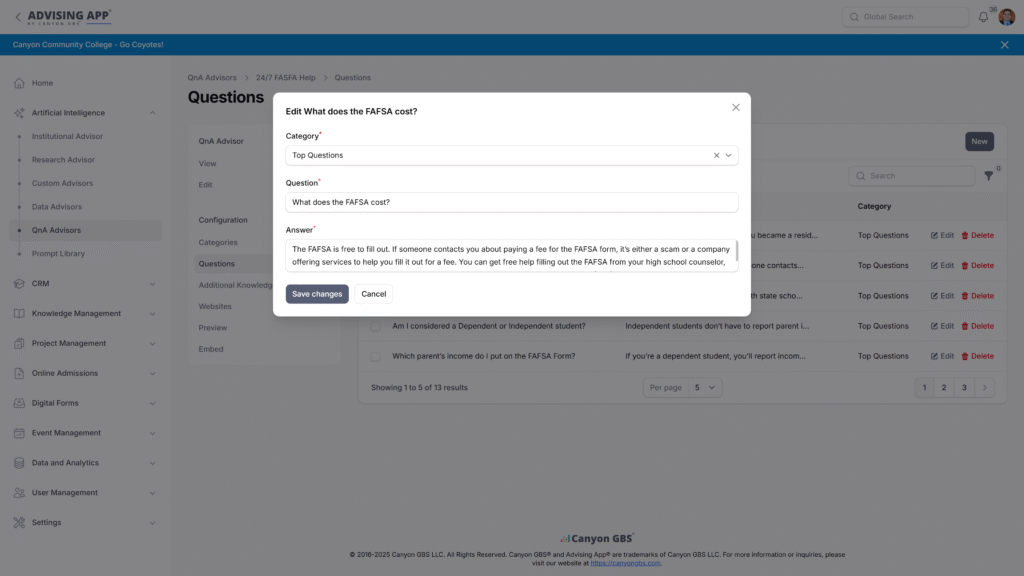 Chatbot Screenshot in Advising App