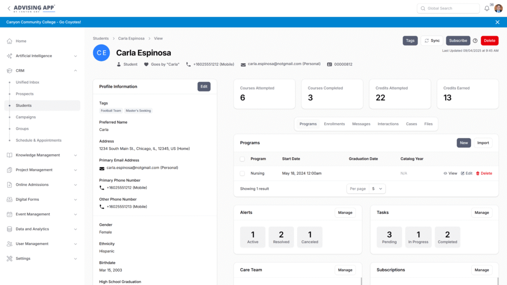 CRM Screenshot of Advising App