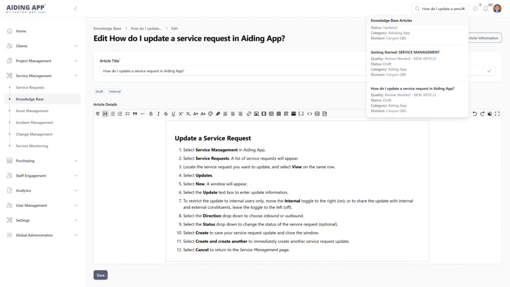 Knowledge Base Screenshot in Aiding App