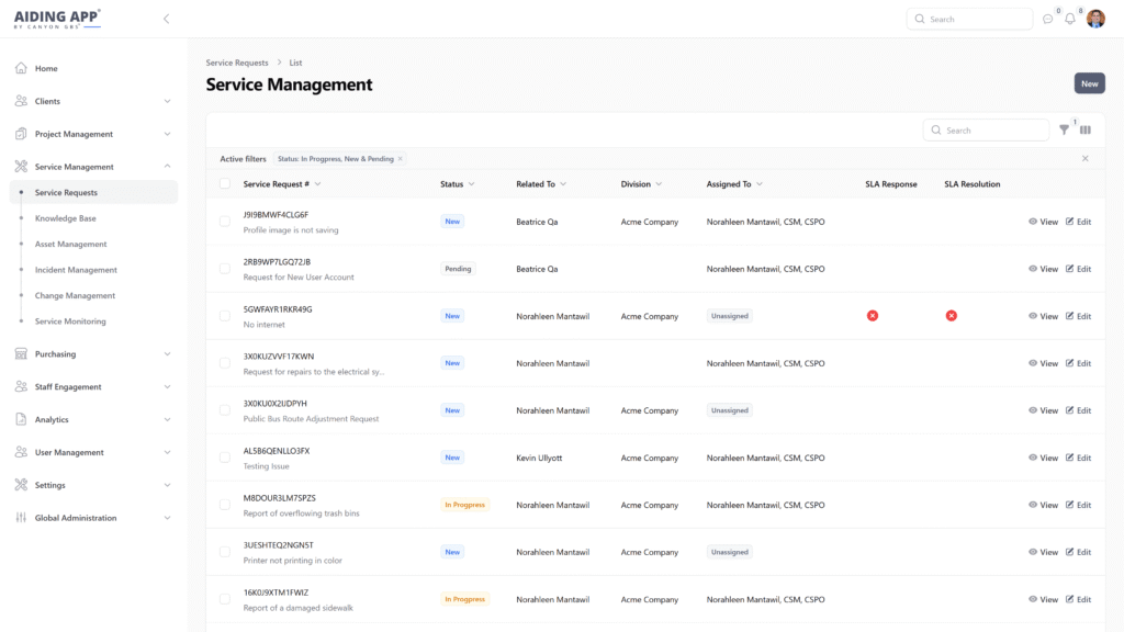 Service Management in Aiding App