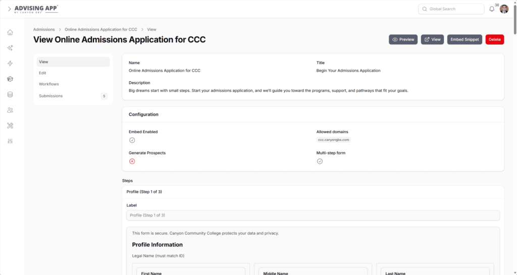 Screenshot of Online Admissions in Advising App